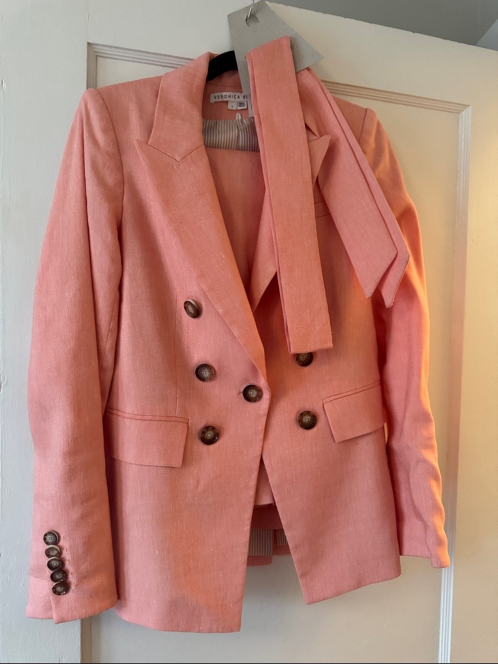 Veronica Beard Peach  Double-Breasted Linen Blend Pant Suit